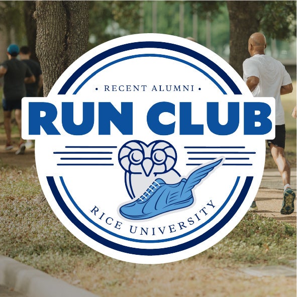 Recent Alumni Run Club Logo over picture of group running on campus